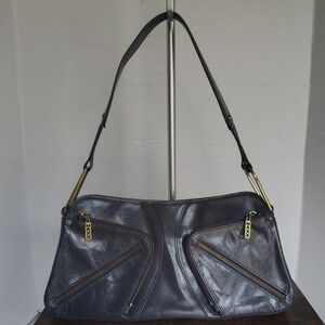 MAXX New York Blue Leather Shoulder Bag M Brass Details Hardware Y2K Rectangle